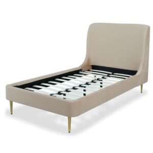 Manhattan Comfort Heather Velvet Twin Bed in Taupe with Gold Legs