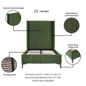 Manhattan Comfort Promenade Mid-Century Modern Velvet Upholstered Twin-Size Bed in Moss Green