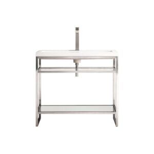 James Martin C105V39.5BNKWG Boston 39.5 Inch Stainless Steel Sink Console in Brushed Nickel with White Glossy Composite Countertop