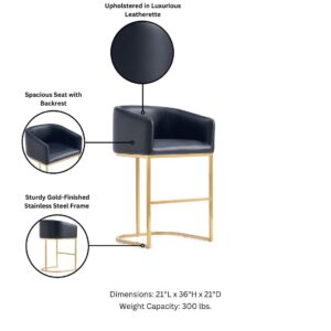 Manhattan Comfort Louvre Mid-Century Modern Leatherette Upholstered Counter Stool  in Black and Titanium Gold