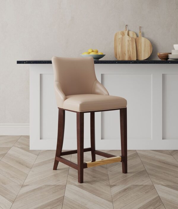 Manhattan Comfort Modern Shubert Counter Stool Upholstered in Tan Leatherette with Beech Wood Legs