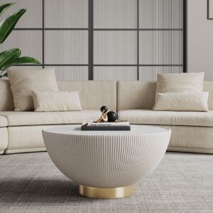 Manhattan Comfort Modern Anderson Coffee Table Upholstered in Cream Leatherette with Ceramic Faux Marble Tabletop