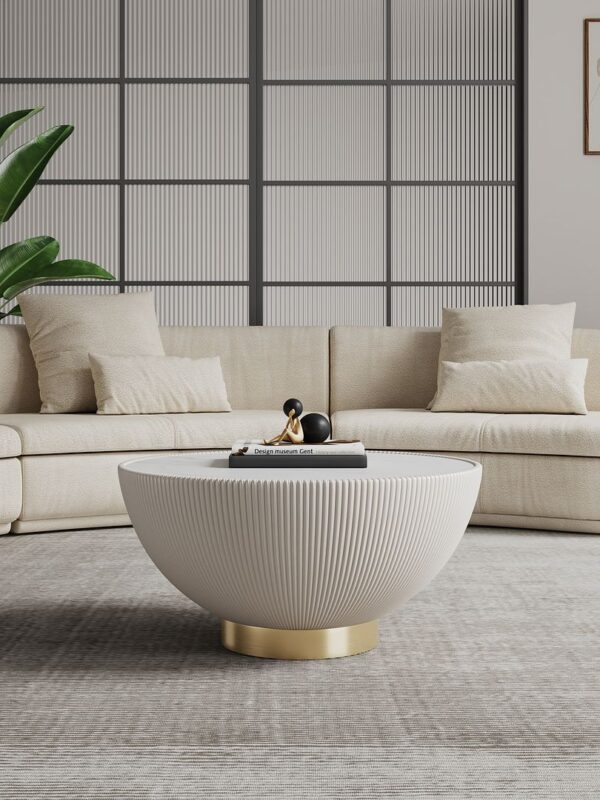 Manhattan Comfort Modern Anderson Coffee Table Upholstered in Cream Leatherette with Ceramic Faux Marble Tabletop