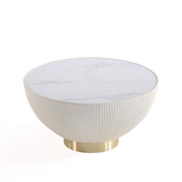 Manhattan Comfort Modern Anderson Coffee Table Upholstered in Cream Leatherette with Ceramic Faux Marble Tabletop