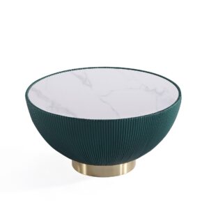 Manhattan Comfort Modern Anderson Coffee Table Upholstered in Green Leatherette with Ceramic Faux Marble Tabletop