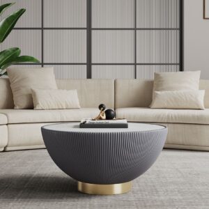 Manhattan Comfort Modern Anderson Coffee Table Upholstered in Grey Leatherette with Ceramic Faux Marble Tabletop