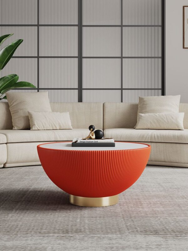 Manhattan Comfort Modern Anderson Coffee Table Upholstered in Orange Leatherette with Ceramic Faux Marble Tabletop