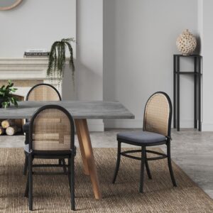 Manhattan Comfort Paragon Dining Chair 1.0 with Grey Cushions in Black and Cane - Set of 2