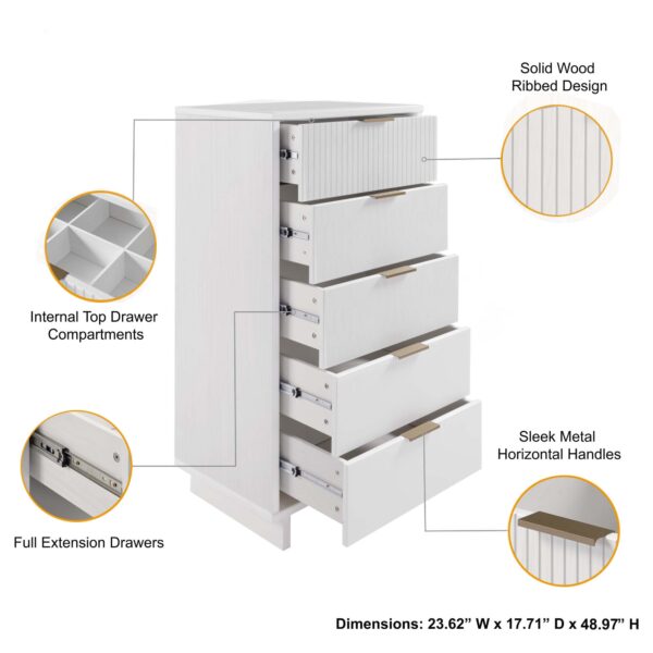 Manhattan Comfort Granville Tall 23.62" Modern Narrow Dresser with 5 Full Extension Drawers in White