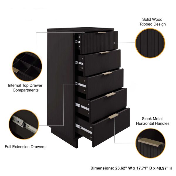 Manhattan Comfort Granville Tall 23.62" Modern Narrow Dresser with 5 Full Extension Drawers in Black