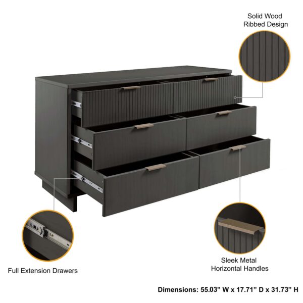 Manhattan Comfort Granville 55.07" Modern Double Wide Dresser with 6 Full Extension Drawers in Dark Grey