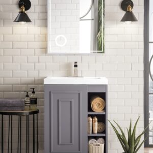 James Martin E110V24GSMBNKWG Alicante 23 5/8 Inch Single Vanity Cabinet with White Glossy Composite Countertop - Grey Smoke