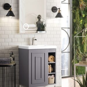 James Martin E110V24GSMBNKWG Alicante 23 5/8 Inch Single Vanity Cabinet with White Glossy Composite Countertop - Grey Smoke