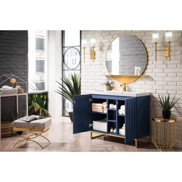 James Martin E110V39.5AZBRGDWG Alicante' 39.5 Inch Single Vanity Cabinet in Azure Blue and Radiant Gold with White Glossy Composite Countertop