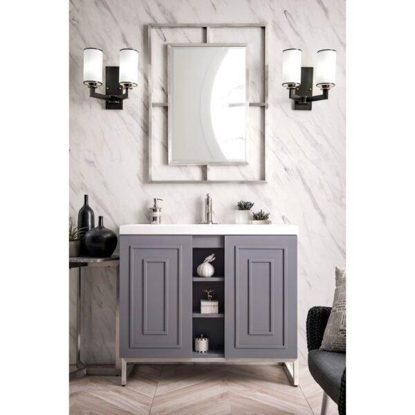 James Martin E110V39.5GSMBNKWG Alicante' 39.5 Inch Single Vanity Cabinet in Grey Smoke and Brushed Nickel with White Glossy Composite Countertop