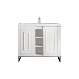 James Martin E110V39.5GWBNKWG Alicante' 39.5 Inch Single Vanity Cabinet in Glossy White and Brushed Nickel with White Glossy Composite Countertop