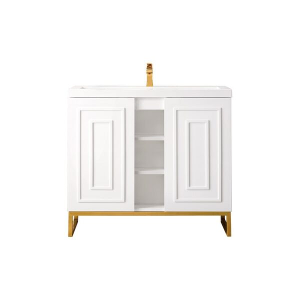 James Martin E110V39.5GWRGDWG Alicante' 39.5 Inch Single Vanity Cabinet in Glossy White and Radiant Gold with White Glossy Composite Countertop