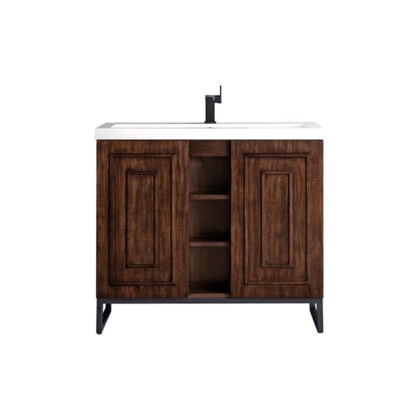 James Martin E110V39.5MCAMBKWG Alicante' 39.5 Inch Single Vanity Cabinet in Mid Century Acacia and Matte Black with White Glossy Composite Countertop