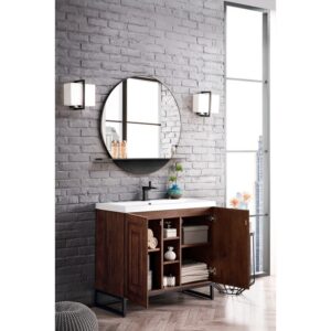 James Martin E110V39.5MCAMBKWG Alicante' 39.5 Inch Single Vanity Cabinet in Mid Century Acacia and Matte Black with White Glossy Composite Countertop