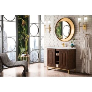 James Martin E110V39.5MCARGDWG Alicante' 39.5 Inch Single Vanity Cabinet in Mid Century Acacia and Radiant Gold with White Glossy Composite Countertop