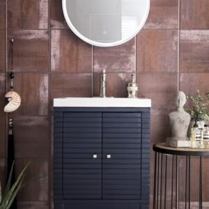 James Martin E213V24NVBWG Linden 23 5/8 Inch Single Vanity Cabinet with White Glossy Composite Countertop - Navy Blue