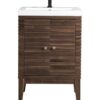 James Martin E213V24WLTWG Linden 23 5/8 Inch Single Vanity Cabinet with White Glossy Composite Countertop - Mid Century Walnut