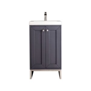 James Martin E303V20MGBNKWG Chianti 20 Inch Single Vanity Cabinet in Mineral Grey and Brushed Nickel with White Glossy Composite Countertop