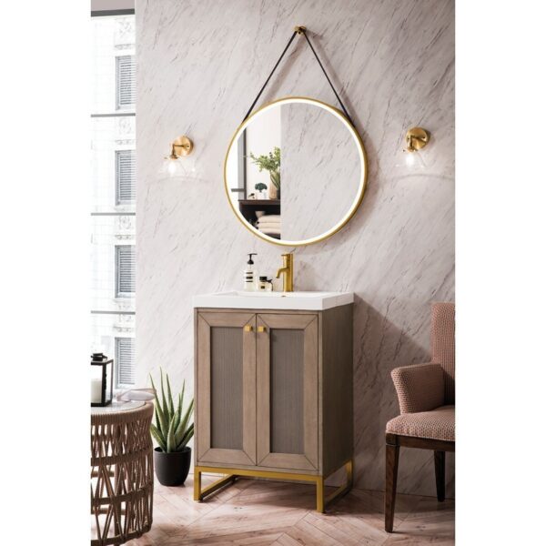 James Martin E303V20WWRGDWG Chianti 20 Inch Single Vanity Cabinet in Whitewashed Walnut and Radiant Gold with White Glossy Composite Countertop