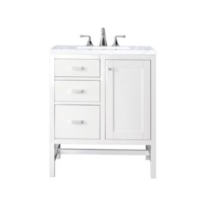 James Martin E444-V30-GW-3CAR Addison 30 Inch Single Vanity Cabinet in Glossy White with 3 CM Carrara White Top