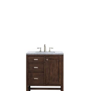 James Martin E444-V30-MCA-3CAR Addison 30 Inch Single Vanity Cabinet in Mid Century Acacia with 3 cm Carrara White Top with Sink