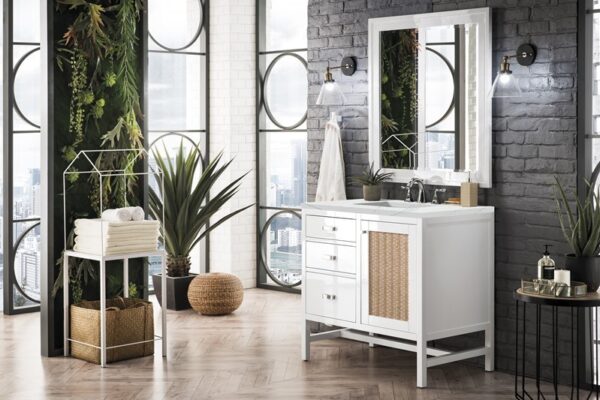 James Martin E444-V36-GW-3ENC Addison 36 Inch Single Vanity Cabinet with Ethereal Noctis Top - Glossy White