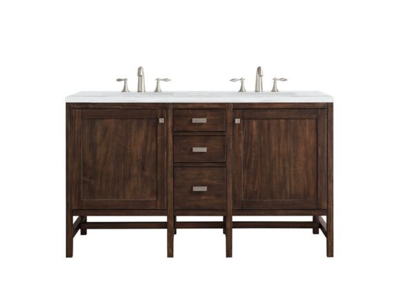 James Martin E444-V60D-MCA-3AF Addison 60 Inch Double Vanity Cabinet in Mid Century Acacia with 3 cm Arctic Fall Solid Surface Countertop with Sink