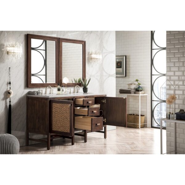 James Martin E444-V60D-MCA-3CAR Addison 60 Inch Double Vanity Cabinet in Mid Century Acacia with 3 cm Carrara White Top with Sink