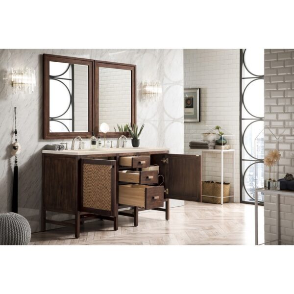 James Martin E444-V60D-MCA-3EMR Addison 60 Inch Double Vanity Cabinet in Mid Century Acacia with 3 CM Eternal Marfil Quartz Top