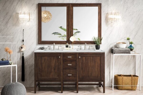 James Martin E444-V60D-MCA-3ENC Addison 60 Inch Double Vanity Cabinet with Ethereal Noctis Quartz Top - Mid Century Acacia