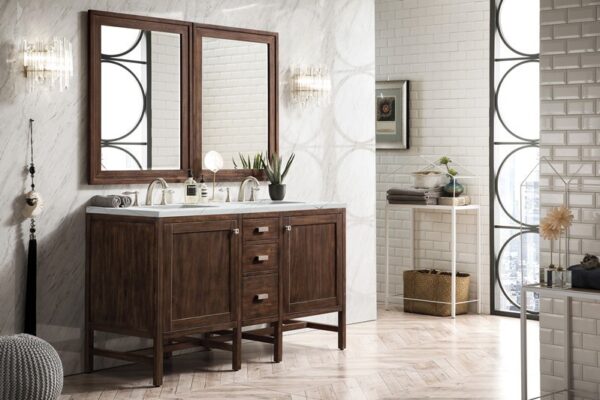 James Martin E444-V60D-MCA-3ENC Addison 60 Inch Double Vanity Cabinet with Ethereal Noctis Quartz Top - Mid Century Acacia