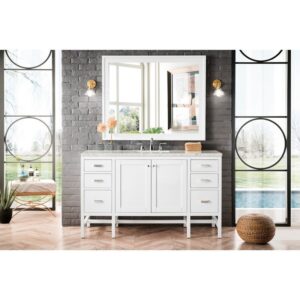 James Martin E444-V60S-GW-3AF Addison 60 Inch Single Vanity Cabinet in Glossy White with 3 CM Arctic Fall Solid Surface Countertop