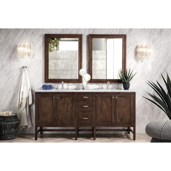 James Martin E444-V72-MCA-3CAR Addison 72 Inch Double Vanity Cabinet in Mid Century Acacia with 3 cm Carrara White Top with Sink