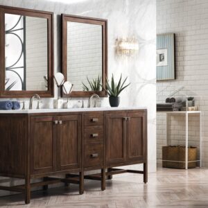 James Martin E444-V72-MCA-3CAR Addison 72 Inch Double Vanity Cabinet in Mid Century Acacia with 3 cm Carrara White Top with Sink