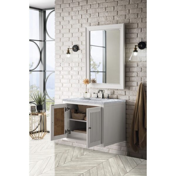 James Martin E645-V30-GW-3CAR Athens 30 Inch Single Vanity Cabinet in Glossy White with 3 CM Carrara White Top