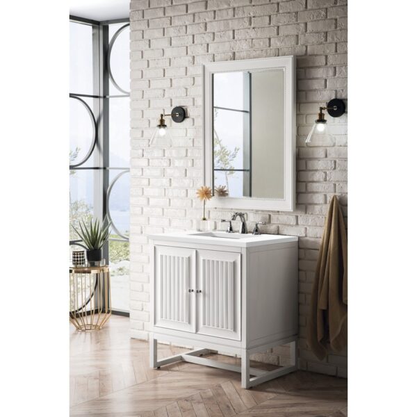 James Martin E645-V30-GW-3WZ Athens 30 Inch Single Vanity Cabinet in Glossy White with 3cm White Zeus Quartz Top