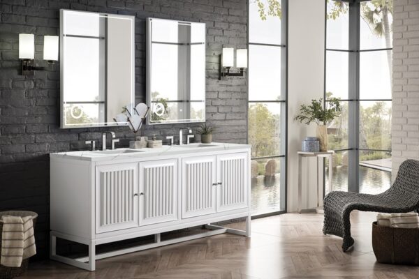 James Martin E645-V72-GW-3ENC Athens 72 Inch Double Vanity Cabinet with Ethereal Noctis Top - Glossy White