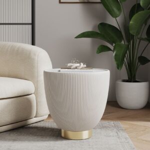 Manhattan Comfort Modern Anderson End Table 2.0 Upholstered in Cream Leatherette with Ceramic Faux Marble Tabletop