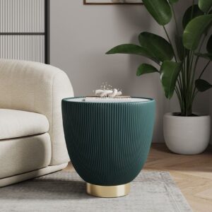 Manhattan Comfort Modern Anderson End Table 2.0 Upholstered in Green Leatherette with Ceramic Faux Marble Tabletop