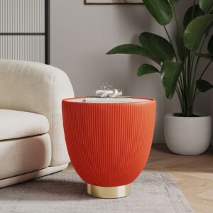 Manhattan Comfort Modern Anderson End Table 2.0 Upholstered in Orange Leatherette with Ceramic Faux Marble Tabletop