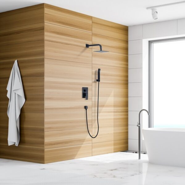 Altair F0217-BSH-MB Raeren Complete Shower System with Rough-In Valve with 8 Inch Square Rain Shower Head - Matte Black