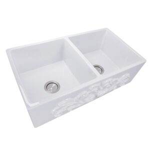 Nantucket Sinks FCFS3318D-Filigree Double Bowl Farmhouse Fireclay Sink with Filigree Apron