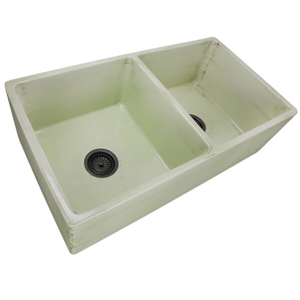 Nantucket Sinks FCFS3318D-ShabbyGreen Vineyard Double Bowl Farmhouse Fireclay Sink in Shabby Green Finish