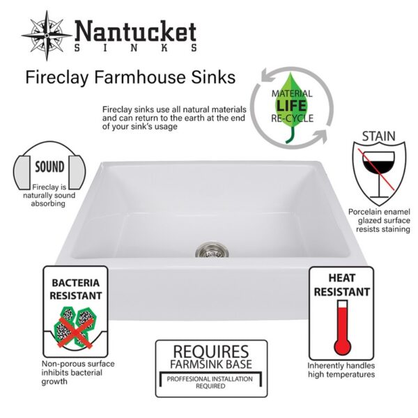 Nantucket Sinks FCFS3020S-ShabbySugar Vineyard 30 Inch Farmhouse Fireclay Sink in Shabby Sugar Finish