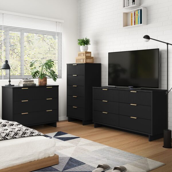 Manhattan Comfort 3-Piece Granville Modern Solid Wood Tall Narrow Chest, Double Dresser Set and Standard Dresser Set in Black